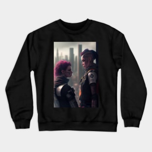 Futuristic Lesbian Lovers Embrace Over City Skyline Crewneck Sweatshirt